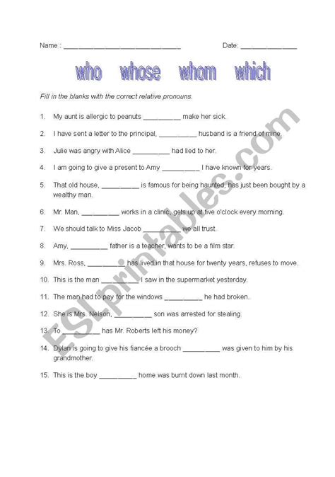 Relative pronouns - who whose whom which - ESL worksheet by Miss R Chan | Relative pronouns ...