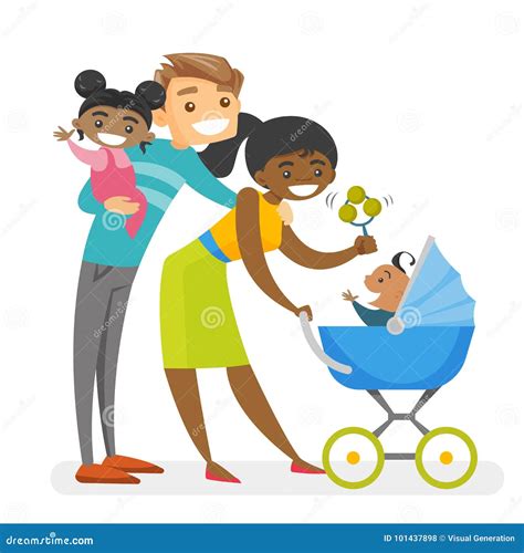 Multiracial Family With Kids Cooking Together. Vector Illustration ...