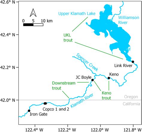 Map of the Klamath River Basin, showing relevant bodies of water ...