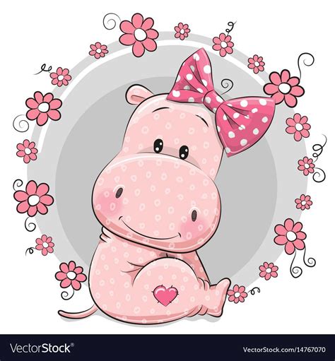 Greeting card cute Cartoon Hippo girl with flowers. Download a Free Preview or High Qu ...