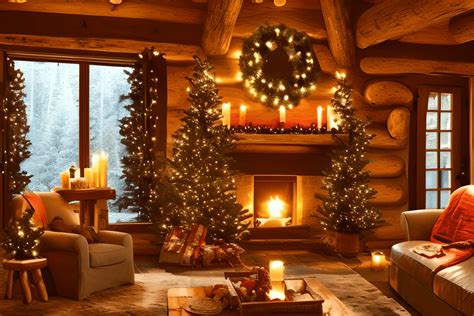 Magical Christmas Night Rustic Cabin Living Room Home · Creative Fabrica