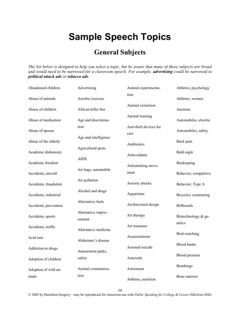 Sample Speech Topics - McGraw Hill Higher Education