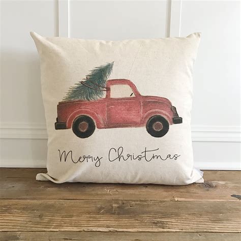 Red Truck Pillow Cover (Merry Christmas) - Linen and Ivory