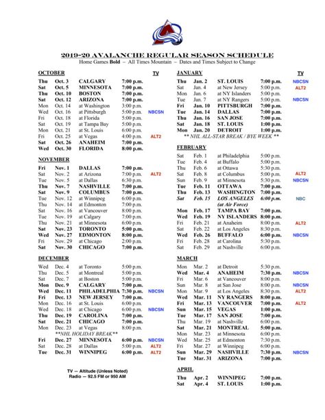 Colorado Avalanche Printable Schedule | Printable Schedule