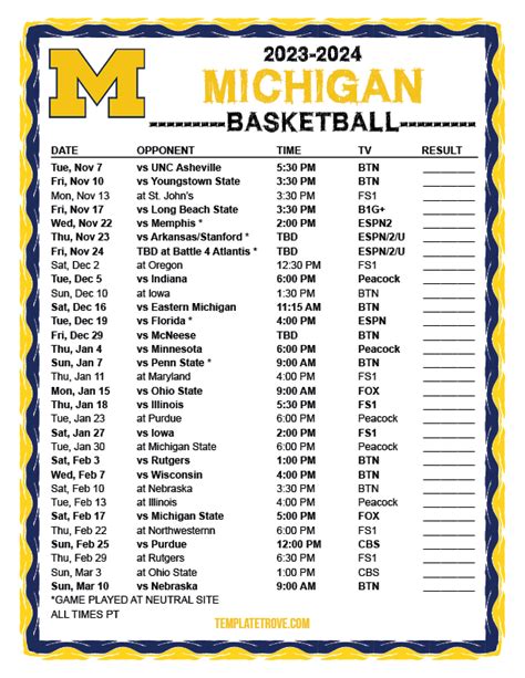 Printable 2023-2024 Michigan Wolverines Basketball Schedule