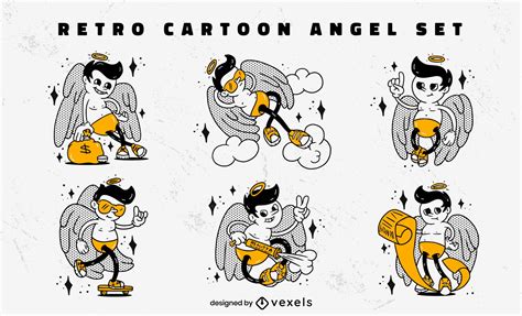 Retro Cartoon Funny Angels Character Set Vector Download