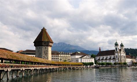 Wooden Bridge in Lucerne, Switzerland Stock Photo - Image of church ...