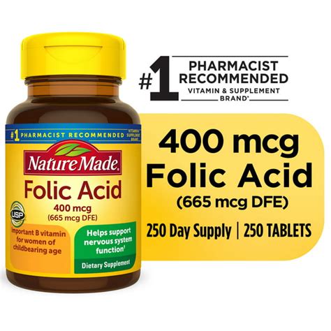 Nature Made Folic Acid 400 mcg (665 mcg DFE) Tablets, Dietary Supplement, 250 Count - Walmart.com