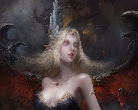 Demoness, red, art, fantasy, demon, benmoran art, wings, girl, dark, HD wallpaper | Peakpx