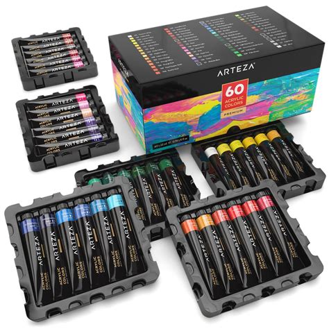 ARTEZA Acrylic Paint, Set of 60 Colors/Tubes (22 ml, 0.74 oz.) Art Supplies Paint Set, Rich ...