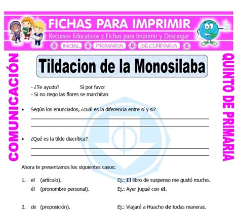 Monosilabos con Tilde para Quinto de Primaria - Fichas para Imprimir