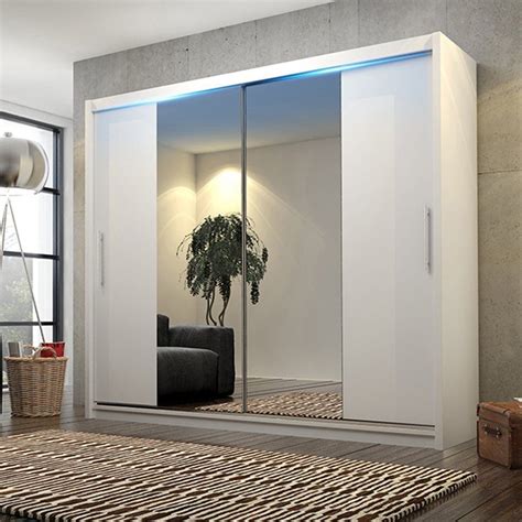 Sliding Mirrored Door Wardrobe Torino 204cm White LED Lights | Sliding wardrobe, White sliding ...