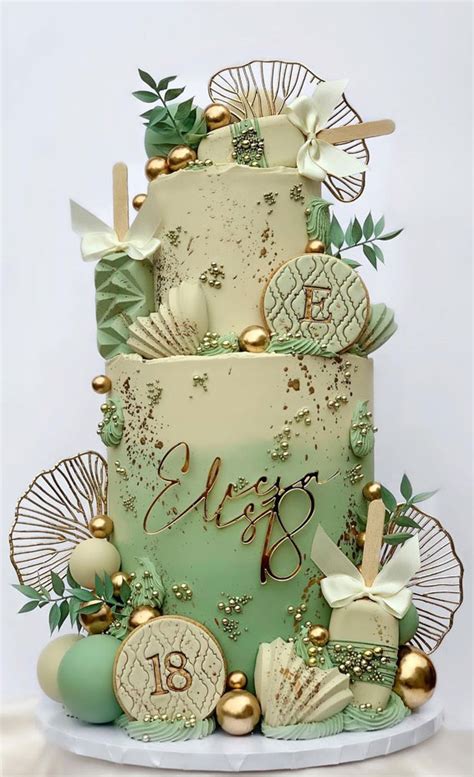 18th Birthday Cake Ideas for a Memorable Celebration : Two Tier Sage, Cream & Gold Cake + Ginko ...