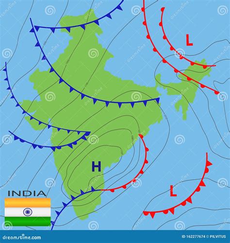 Weather Map Of The India. Realistic Synoptic Map Of The India Showing Isobars And Weather Fronts ...