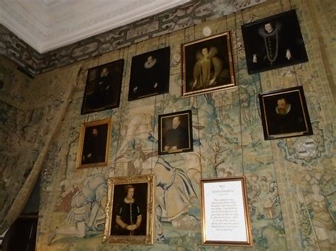 Portraits in Long Gallery. The bottom portrait is Bess of Hardwick. Above are some of Bess's ...