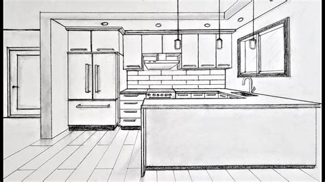 How to draw a kitchen in one point perspective - YouTube