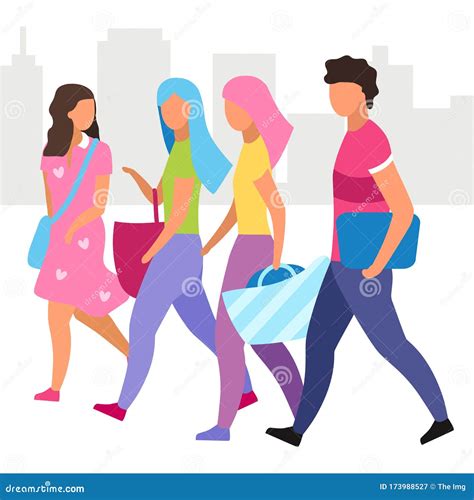 Group of People Walking Street Flat Vector Illustration. Friends Walk and Talking Together ...