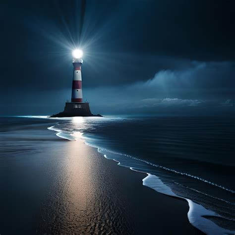 Premium Photo | A lighthouse on the beach at night with a light on it