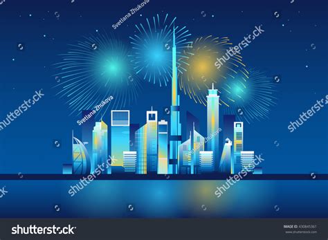 Dubai Cityscape Skyscrapers Landmarks Colorful Fireworks Stock Vector (Royalty Free) 430845361 ...