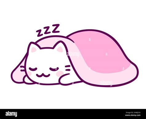 Cute cartoon white cat sleeping under pink blanket. Adorable kawaii ...