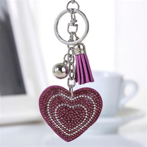 Heart Keychain Leather Tassel Gold Key Holder Metal Crystal Key Chain Keyring Charm Bag Auto ...