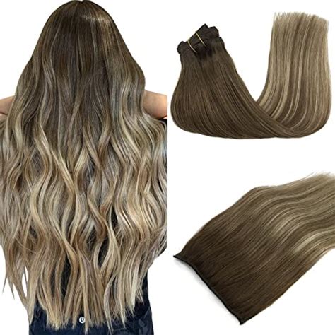 GOO GOO Human Hair Clip in Extensions Walnut Brown to Ash Brown and Bleach Blonde 16 Inch 7pcs ...