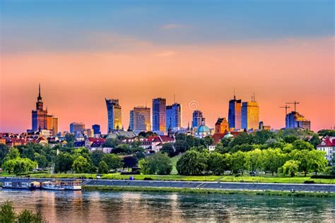 Sunset Skyline of Warsaw City in Poland Stock Image - Image of ...