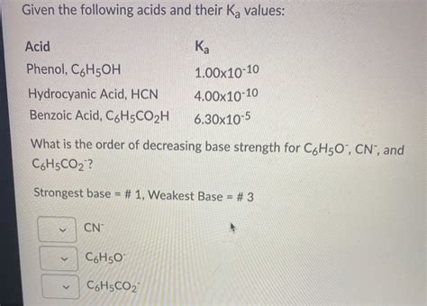 Solved Given the following acids and their Ką values: Ka | Chegg.com