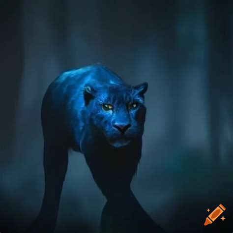 Close-up of a sapphire blue panther in a mystical forest