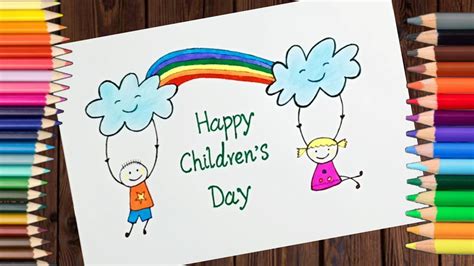 Easy Children's day Rainbow 🌈 Drawing ||How to make Children's day Poster card for School ...