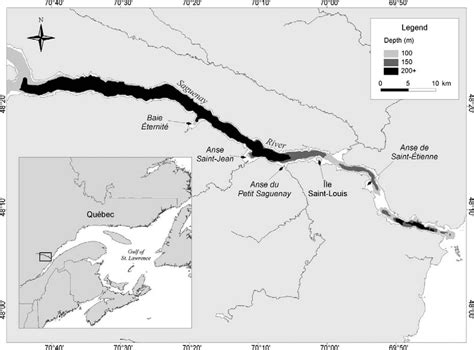 —Map of Saguenay Fjord showing the three basins (represented by dark... | Download Scientific ...