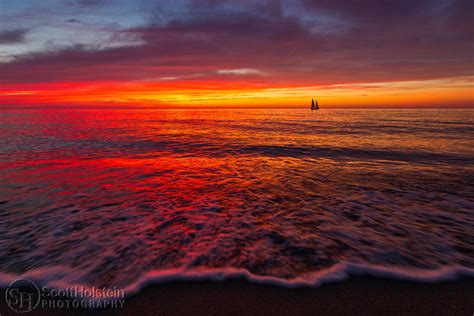 Sailboat Sailing at Sunset off the Beach in Venice, Florida - Landscape Photography