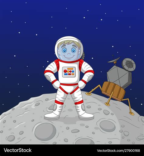 Cartoon boy astronaut standing on moon Royalty Free Vector