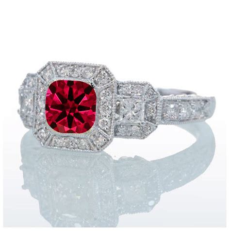 2 Carat Princess Cut Trilogy Ruby and Diamond Vintage Halo Engagement ...