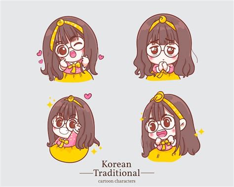 Premium Vector | Korean cute girls in traditional korean hanbok dress cartoons character. set ...