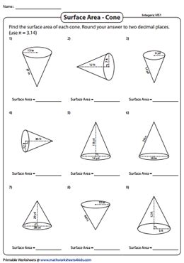 Surface Area of Cones Worksheets