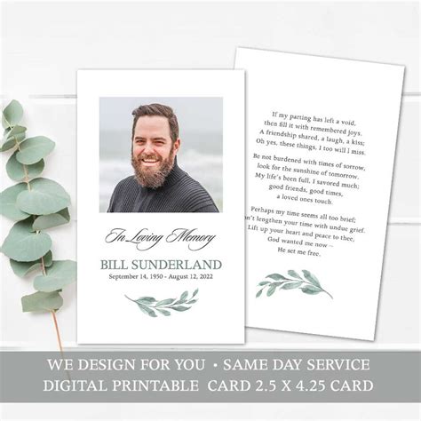 Memorial Keepsake Card Printable Template Customized for you to Print