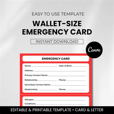 Printable Emergency Card Template Emergency Card for Wallet Emergency ...