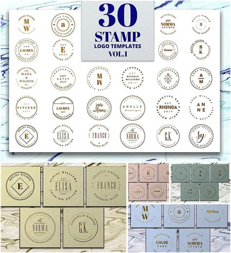 Set of 30 stamp logo templates for creating unique branding designs.