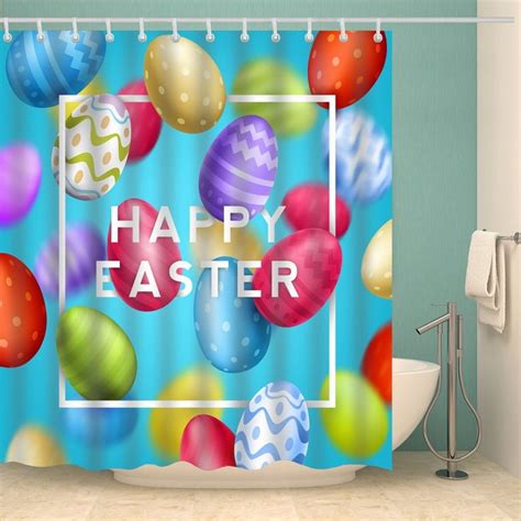 Blue Backdrop Colorful Eggs Greeting Easter Holiday Shower Curtain Bathroom Decor in 2020 ...