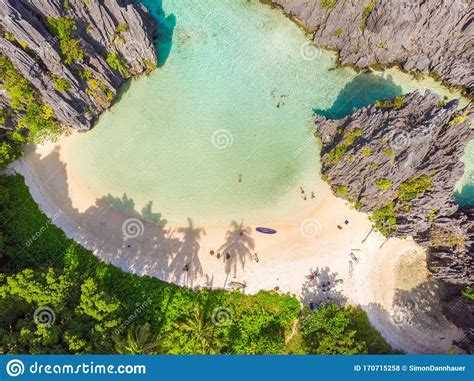 Aerial View of Hidden Beach in Matinloc Island, El Nido, Palawan ...