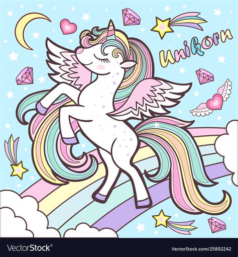 Cute rainbow unicorn on a blue background Vector Image