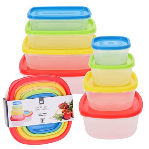 8 Pcs Stackable Nesting Food Storage Containers Coloured Lid Plastic Lunch Boxes 8719202141894 ...