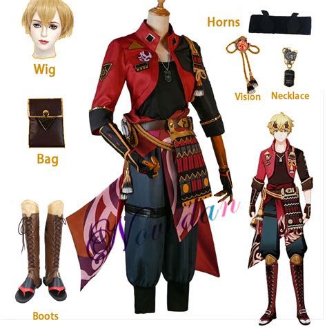 Game Genshin Impact Thoma Cosplay Costume Full Set Horns Shoes Tohma ...