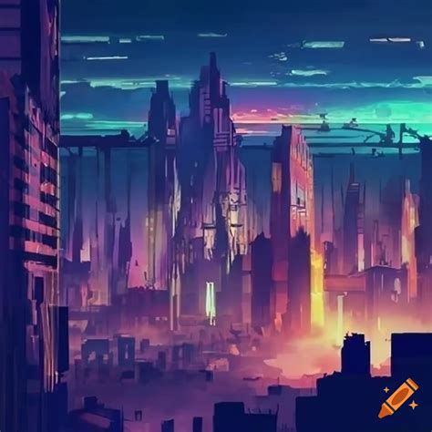 Futuristic city wasteland anime art with cool colors on Craiyon