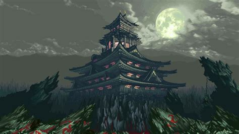 pixels, Pixel art, 8 bit, Rock, Asian architecture, House, Moon, Clouds ...