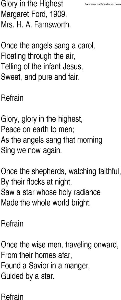 Hymn and Gospel Song Lyrics for Glory in the Highest by Margaret Ford