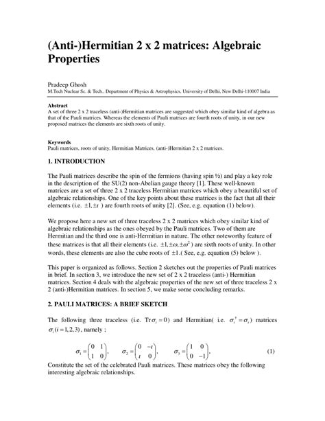 (PDF) (Anti-) Hermitian 2X2 Matrices : Algebraic Properties