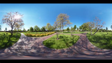 Summer park path panoramic landscape. 360 video of panoramic view nature landscape in summer ...