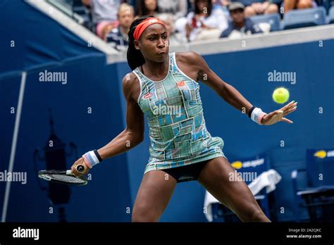 Coco Gauff of USA competing in the first round of the 2019 US Open ...